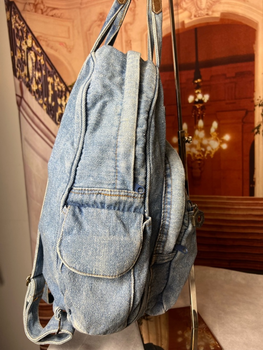 Vintage Gitano Blue Denim Backpack, top zip, front zip compartments, side pocket - Picture 9 of 15
